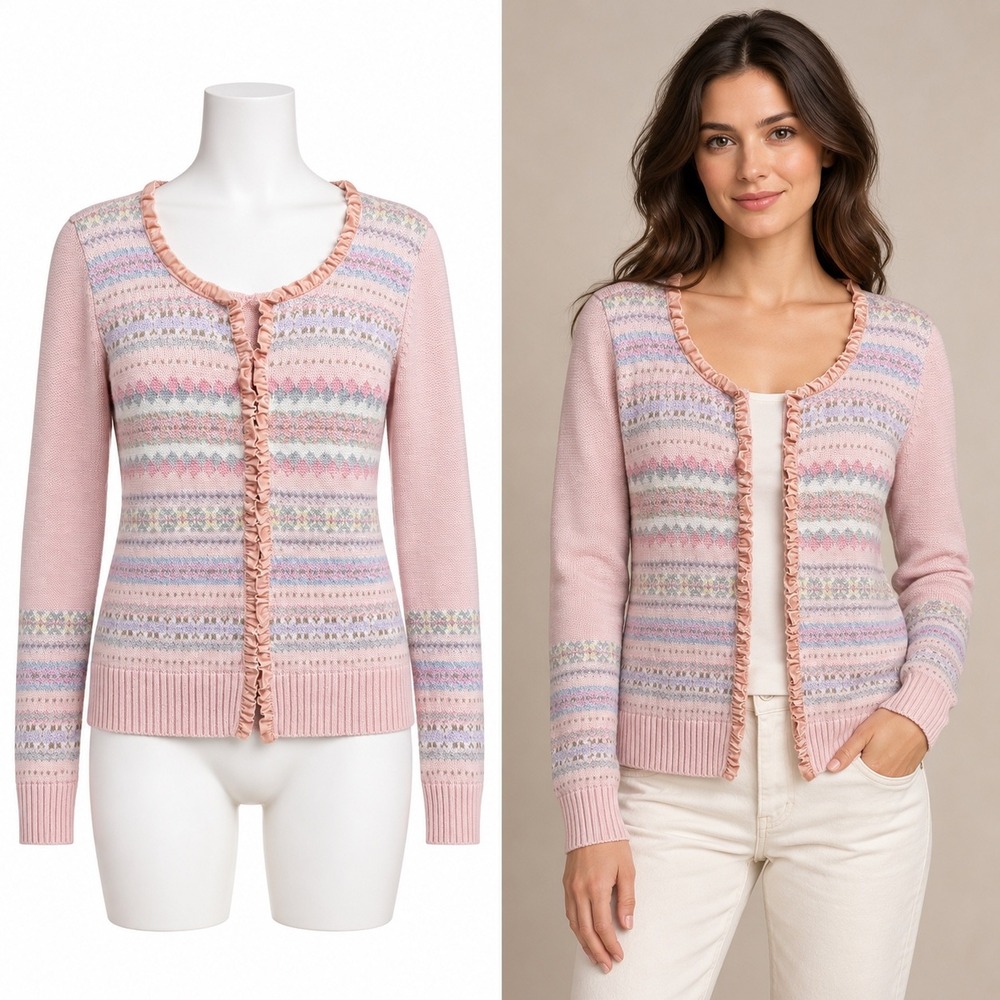 Vintage Crazy Horse Cardigan Women L Pink Fair Isle Ruffle Cotton Blend Sweater